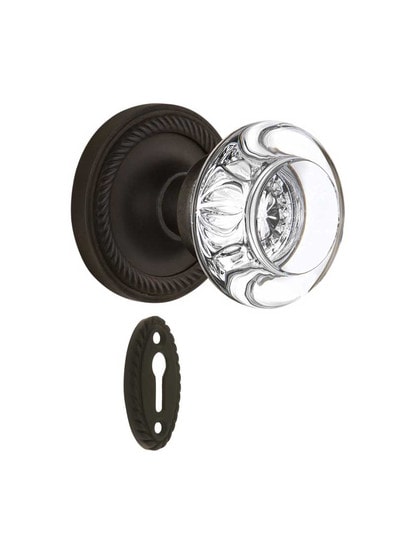 Rope Rosette Mortise-Lock Set with Round Crystal Glass Knobs in Oil-Rubbed Bronze.